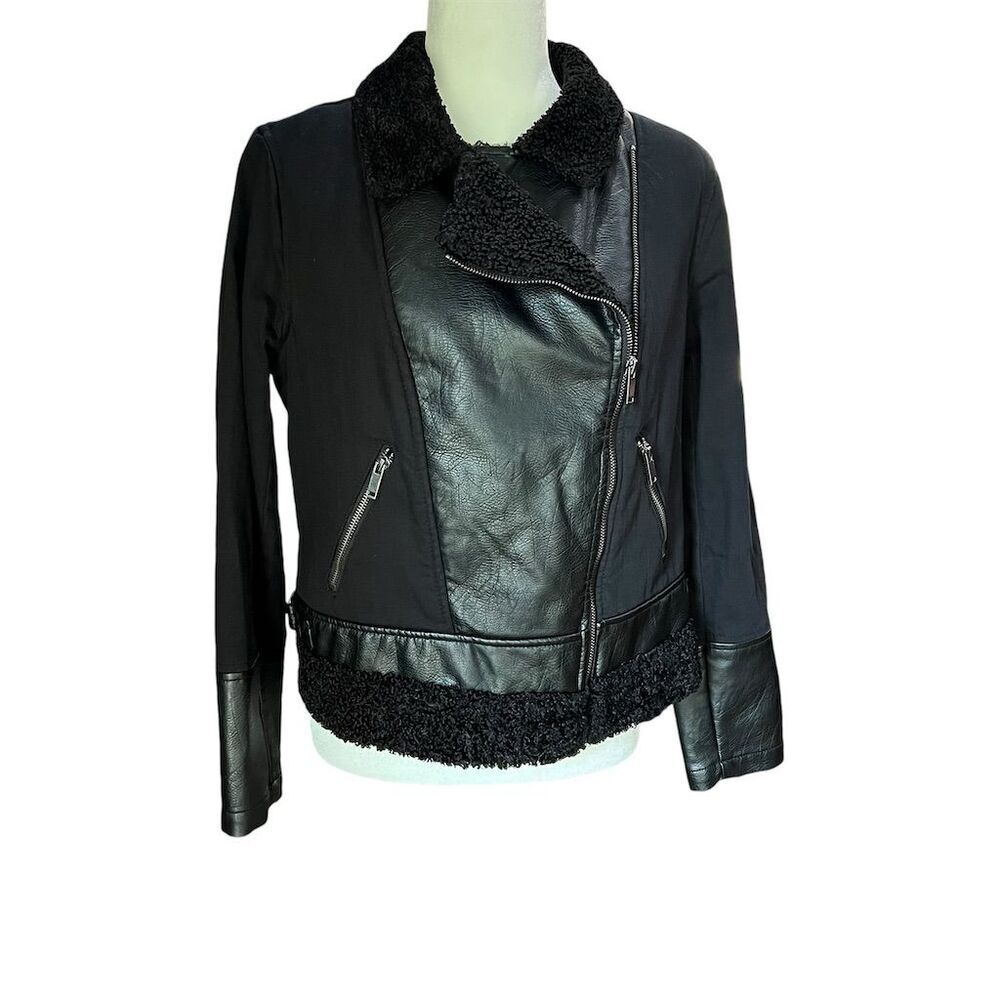 Rock & Republic Women's Black Moto Jacket Faux Leather Sherpa Size L - Picture 2 of 10